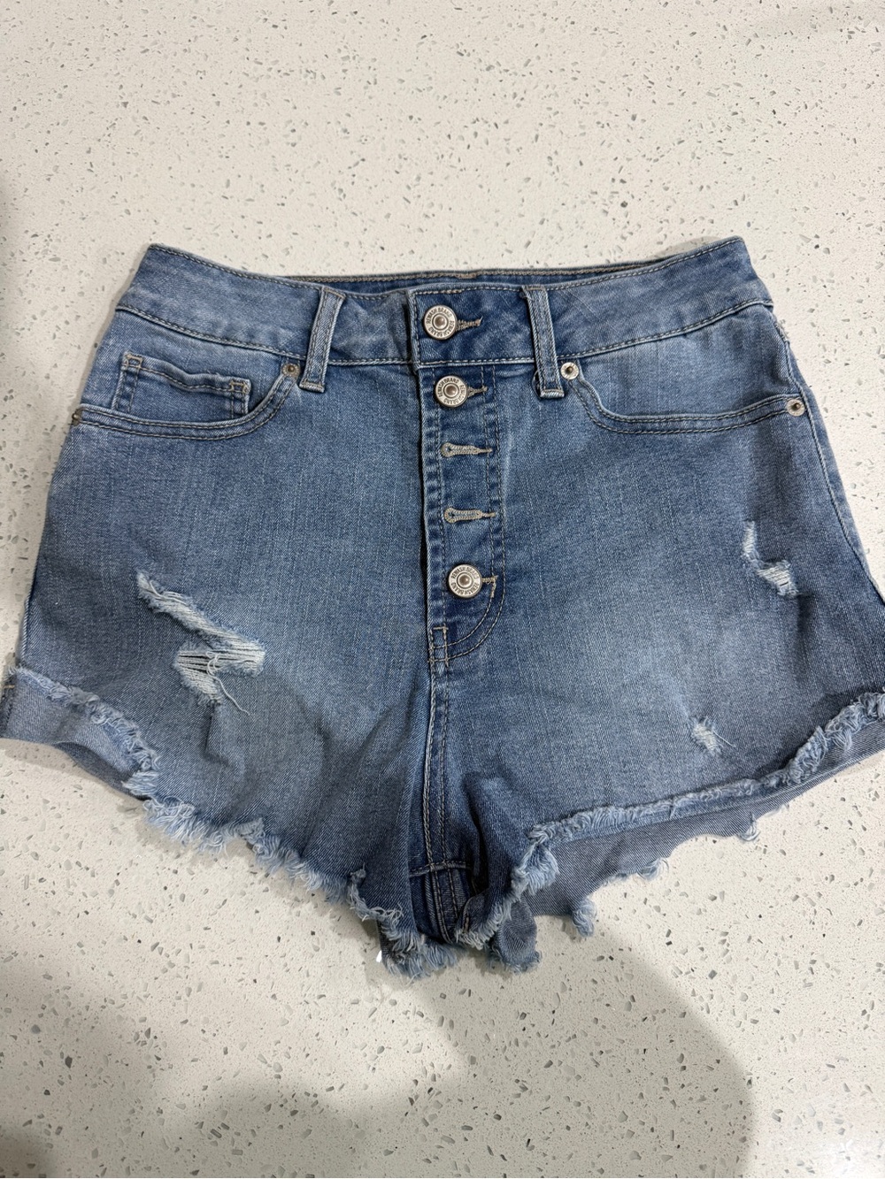 Rewash Medium Blue High-Rise Button-Front Distressed Denim Shorts